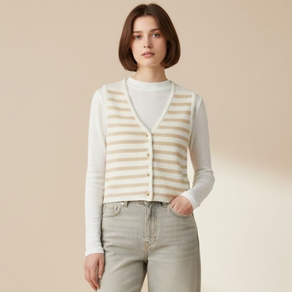 French Connection Stripe V-Neck Cardigan NWT Women's Sz S Summer White Oat Crop